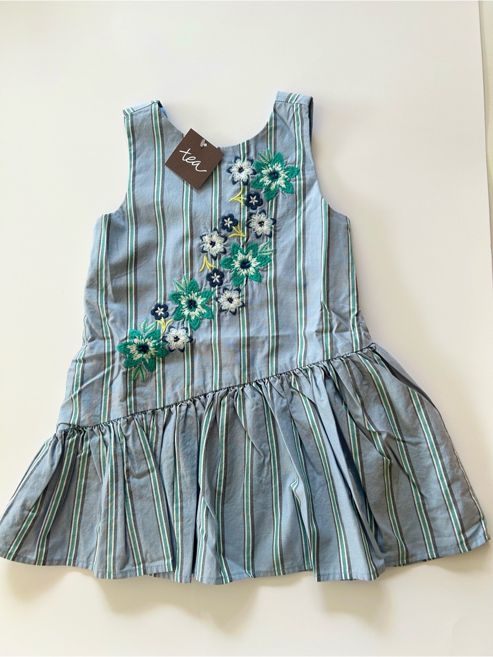 NWT Tea Collection Light Blue Striped Floral Appliqué Asymmetrical Dress Size 2